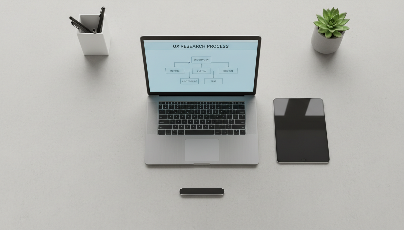A collection of modern digital devices—including a brushed aluminum laptop with an ultra-thin black bezel, a smooth glass tablet, and a slim wireless mouse—arranged in a rigorous grid layout on a pale concrete surface. The open laptop screen gently displays a schematic of a UX research process, surrounded by minimal background elements: a geometric desk organizer and a small planter in muted ceramic. Illuminated by even, overcast daylight from an unseen window, the lighting creates soft reflections and avoids harsh shadows. The composition uses a bird’s eye perspective with strict symmetry and crisp, realistic detailing, exuding a sense of calm professionalism and structured analysis. The scene exemplifies a photographic, corporate aesthetic, reinforcing credibility and organizational skill in product research.