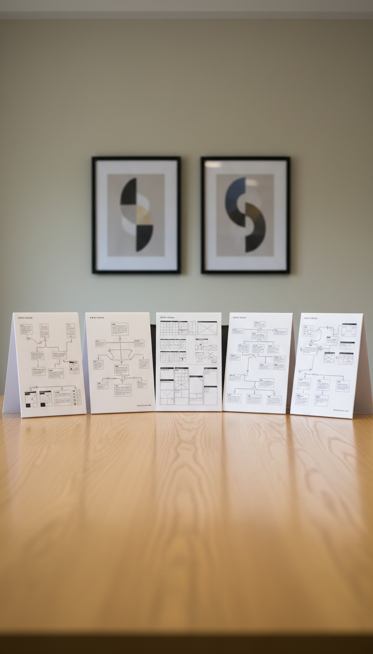 A set of sculptural, matte white presentation boards standing upright on a polished oak conference table with subtle grain patterns, featuring portfolio showcases of UX research findings represented as printed diagrams, wireframes, and flowcharts with precise linework. The boards are spaced evenly, forming a harmonious layout against a neutral-toned wall with minimalistic decor. Ambient studio lighting provides consistent, shadow-free illumination, accenting the clarity and importance of the displayed work. The composition employs a slightly elevated frontal angle and tight framing, creating a refined, focused, and professional mood. The image’s photographic realism and clean, balanced lines echo the structured approach to UX case studies, supporting the portfolio’s authoritative tone.