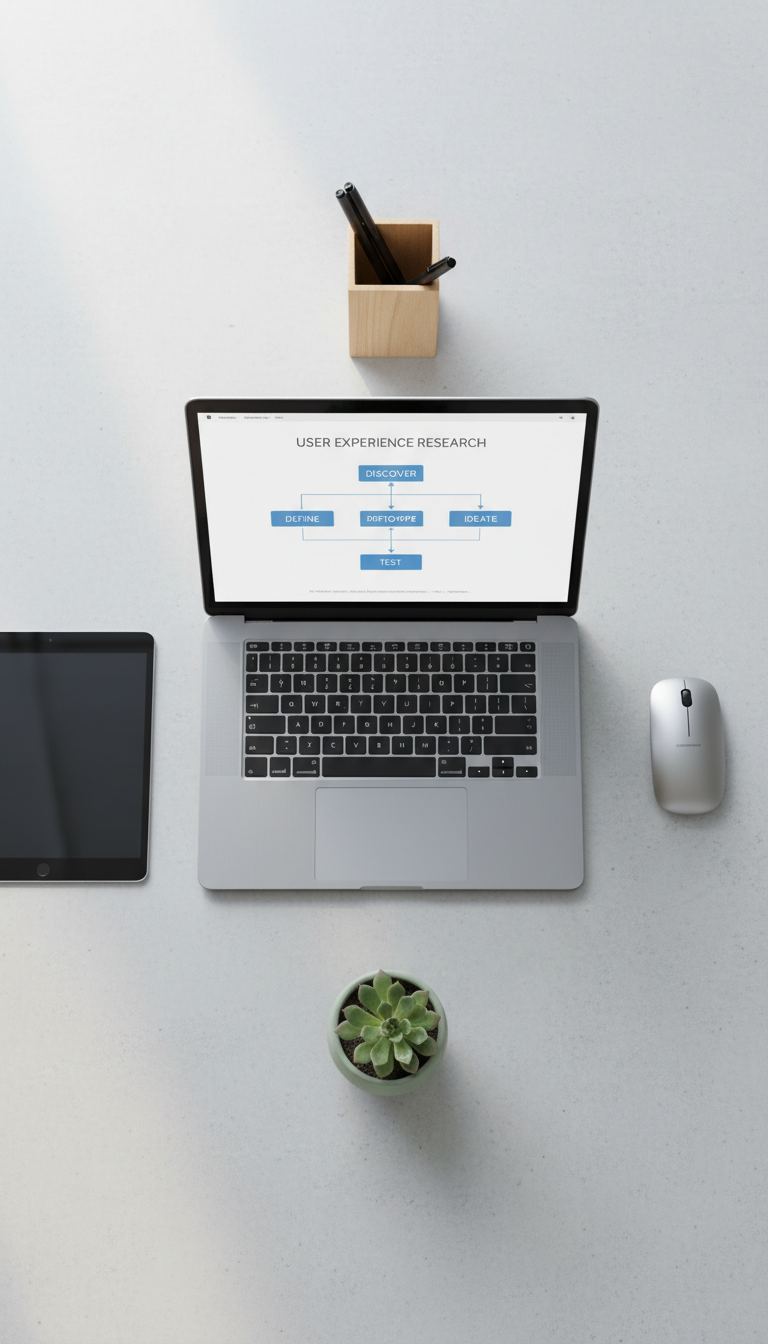 A collection of modern digital devices—including a brushed aluminum laptop with an ultra-thin black bezel, a smooth glass tablet, and a slim wireless mouse—arranged in a rigorous grid layout on a pale concrete surface. The open laptop screen gently displays a schematic of a UX research process, surrounded by minimal background elements: a geometric desk organizer and a small planter in muted ceramic. Illuminated by even, overcast daylight from an unseen window, the lighting creates soft reflections and avoids harsh shadows. The composition uses a bird’s eye perspective with strict symmetry and crisp, realistic detailing, exuding a sense of calm professionalism and structured analysis. The scene exemplifies a photographic, corporate aesthetic, reinforcing credibility and organizational skill in product research.